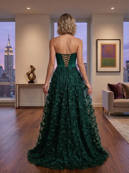 Strapless 3D Floral Tulle Ball Gown Prom Dress with Corset Back | Sevoba