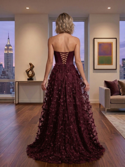 Strapless 3D Floral Tulle Ball Gown Prom Dress with Corset Back | Sevoba