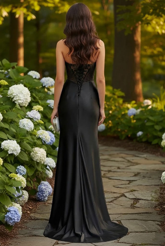 Strapless Beaded Corset Satin Mermaid Prom Dress with Slit | Sevoba