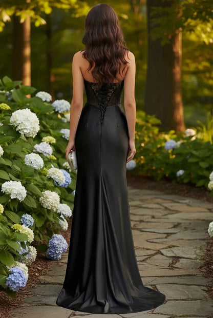 Strapless Beaded Corset Satin Mermaid Prom Dress with Slit | Sevoba