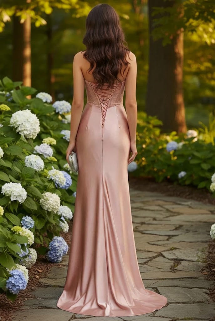 Strapless Beaded Corset Satin Mermaid Prom Dress with Slit | Sevoba