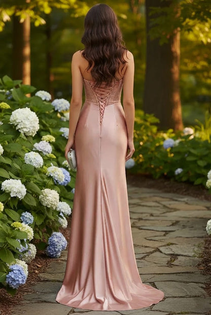 Strapless Beaded Corset Satin Mermaid Prom Dress with Slit | Sevoba