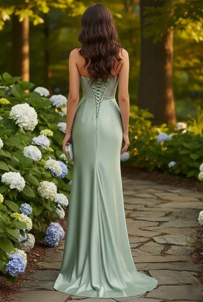 Strapless Beaded Corset Satin Mermaid Prom Dress with Slit | Sevoba