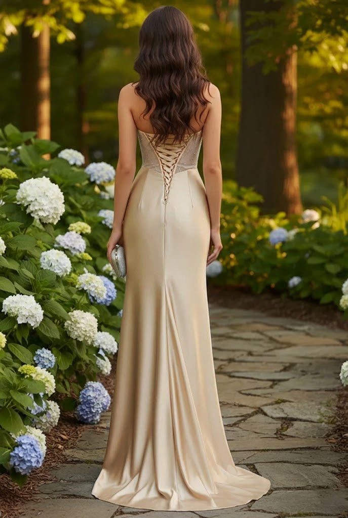 Strapless Beaded Corset Satin Mermaid Prom Dress with Slit | Sevoba