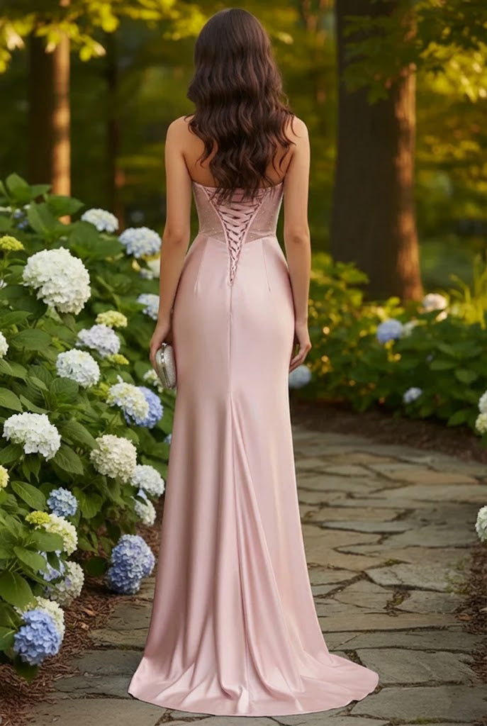 Strapless Beaded Corset Satin Mermaid Prom Dress with Slit | Sevoba