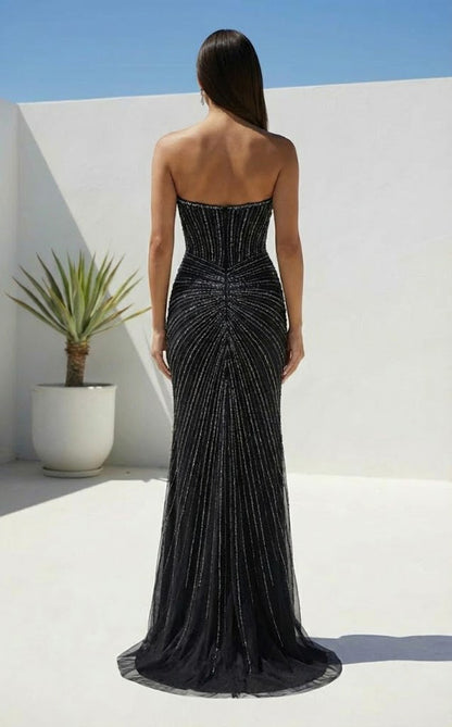 Strapless Beaded Corset Sheath Prom Dress with Slit | Sevoba