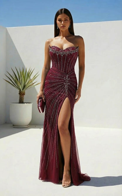 Strapless Beaded Corset Sheath Prom Dress with Slit | Sevoba