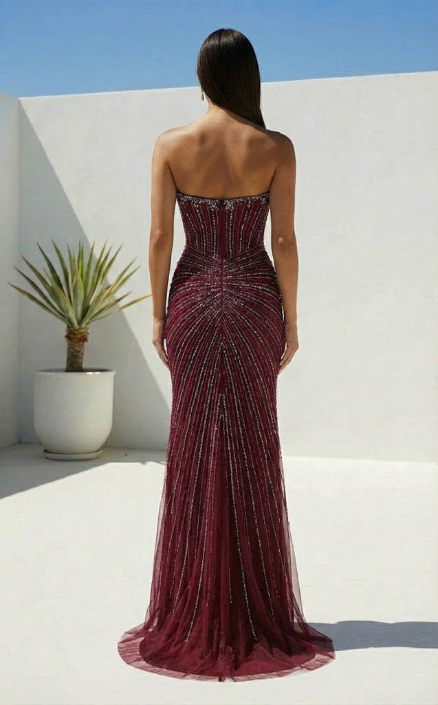 Strapless Beaded Corset Sheath Prom Dress with Slit | Sevoba