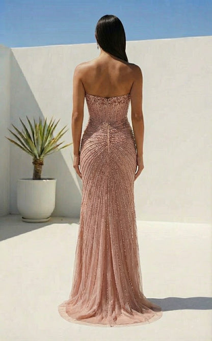 Strapless Beaded Corset Sheath Prom Dress with Slit | Sevoba