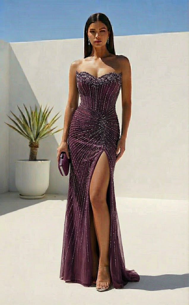 Strapless Beaded Corset Sheath Prom Dress with Slit | Sevoba