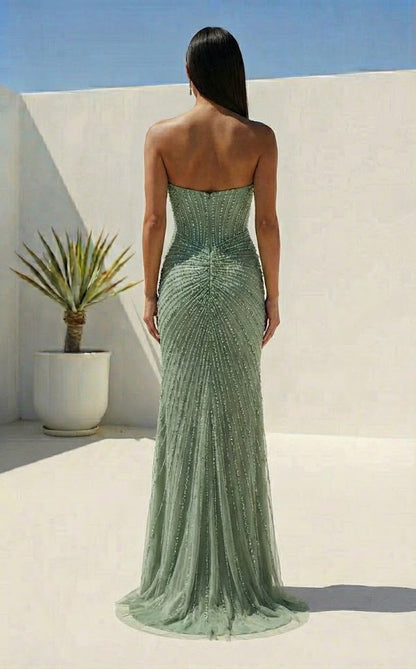 Strapless Beaded Corset Sheath Prom Dress with Slit | Sevoba