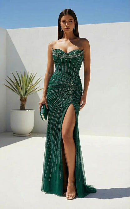 Strapless Beaded Corset Sheath Prom Dress with Slit | Sevoba