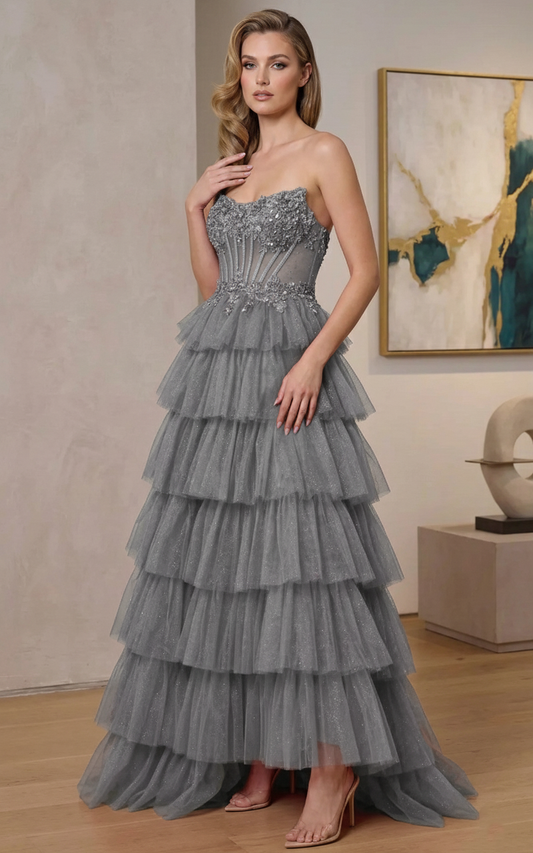Strapless Beaded Corset Tiered Glitter Tulle A-Line Prom Dress | Sevoba
