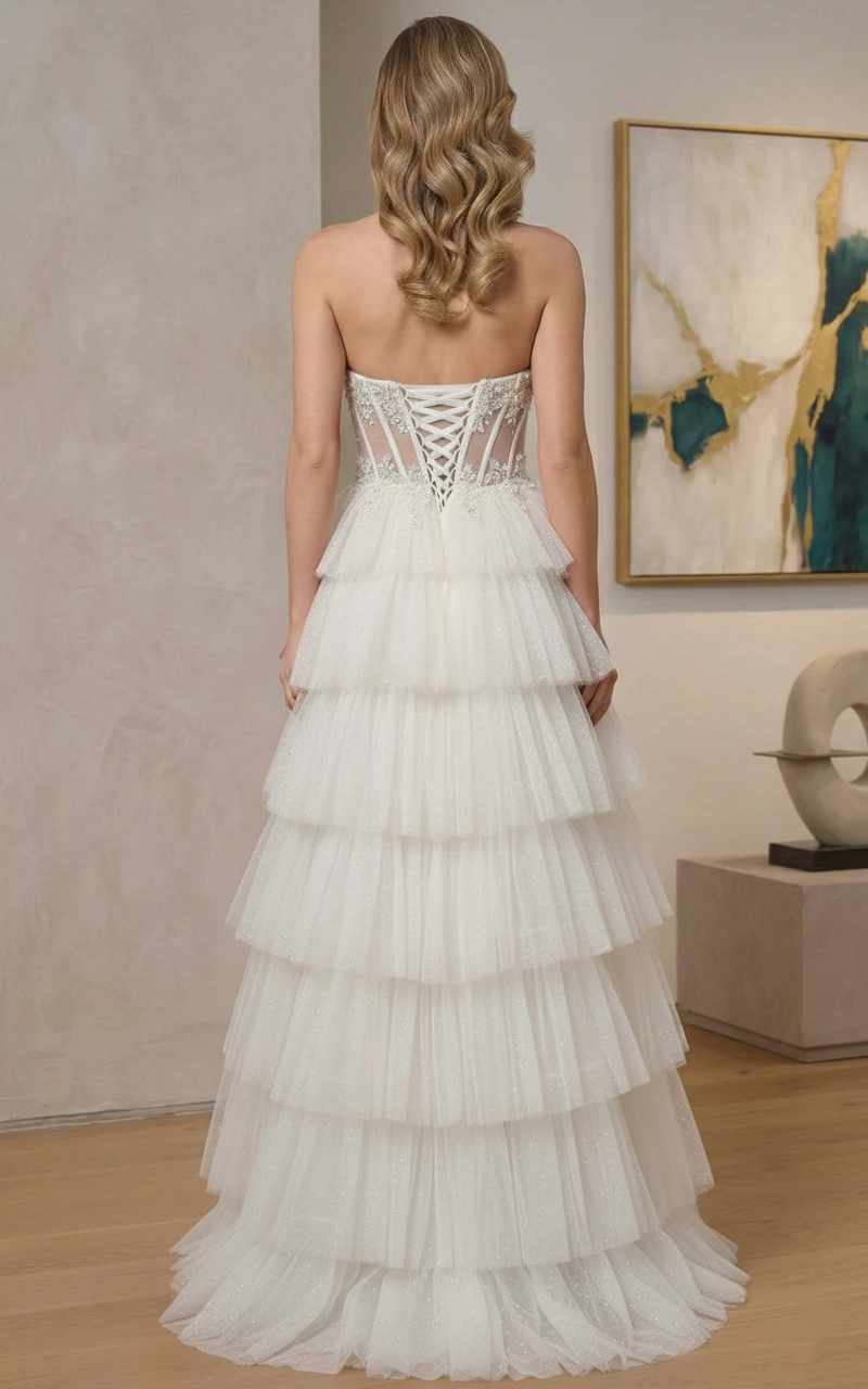 Strapless Beaded Corset Tiered Glitter Tulle A-Line Prom Dress | Sevoba