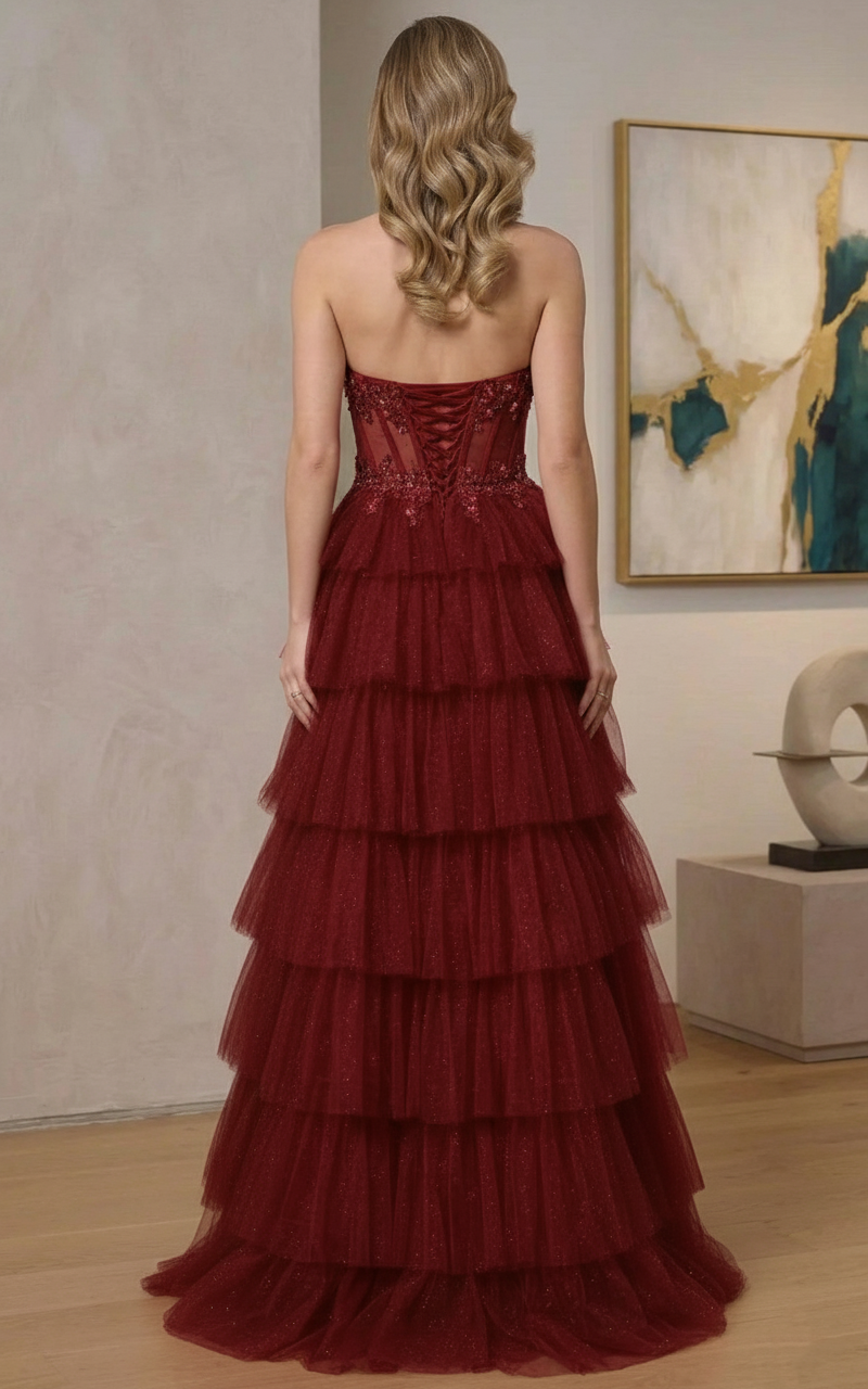 Strapless Beaded Corset Tiered Glitter Tulle A-Line Prom Dress | Sevoba