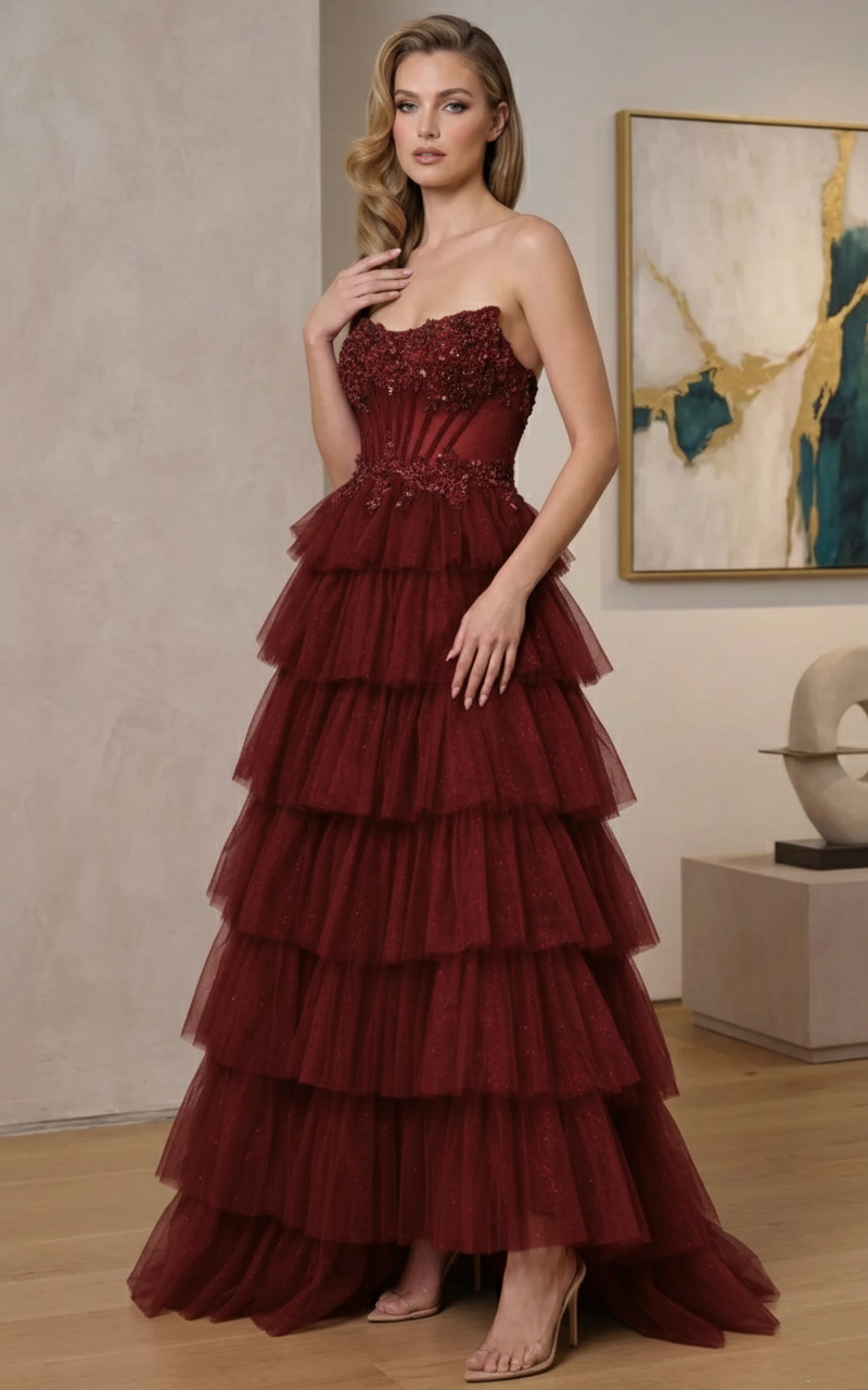 Strapless Beaded Corset Tiered Glitter Tulle A-Line Prom Dress | Sevoba
