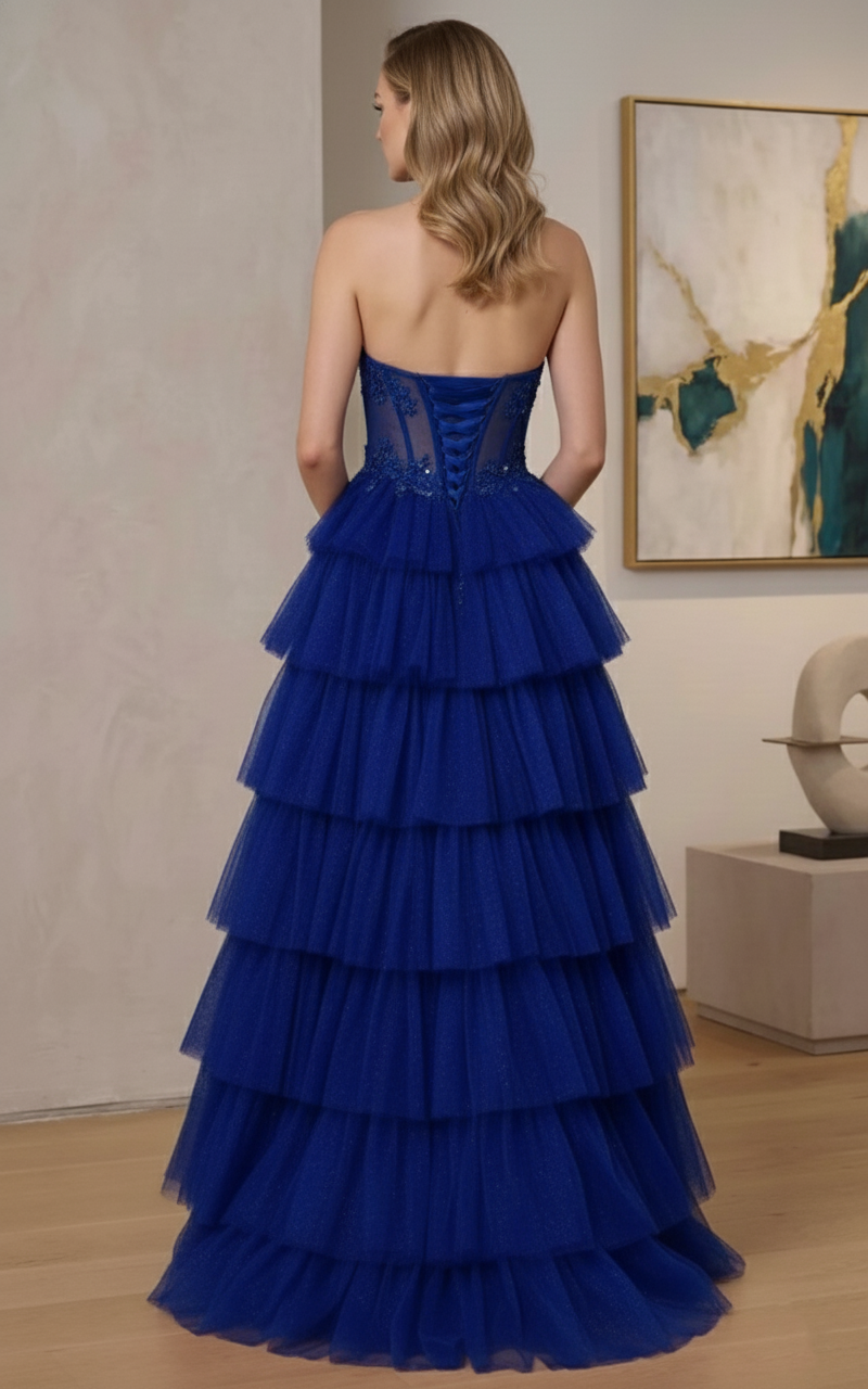 Strapless Beaded Corset Tiered Glitter Tulle A-Line Prom Dress | Sevoba