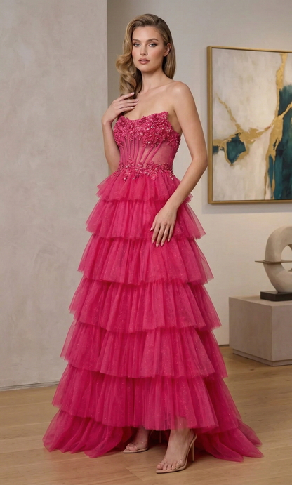 Strapless Beaded Corset Tiered Glitter Tulle A-Line Prom Dress | Sevoba