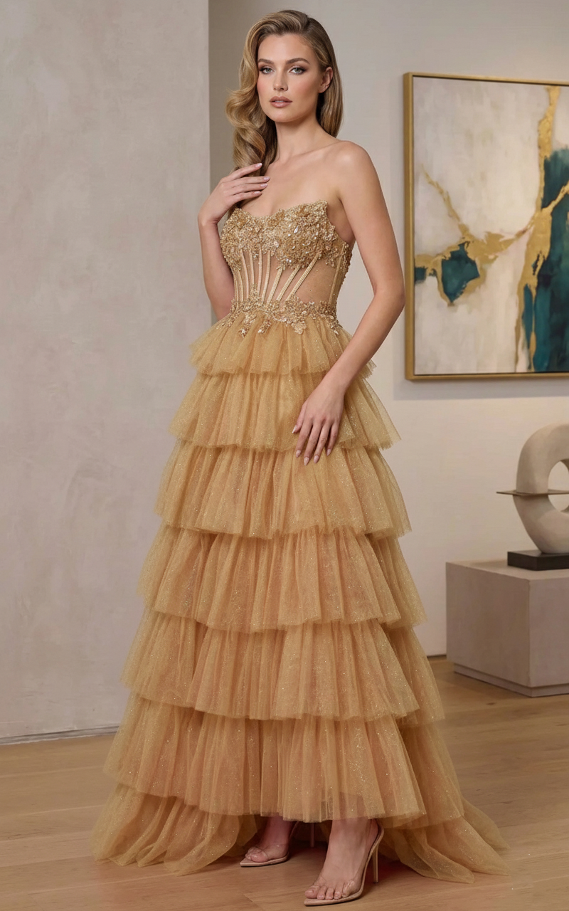 Strapless Beaded Corset Tiered Glitter Tulle A-Line Prom Dress | Sevoba