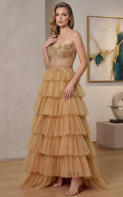 Strapless Beaded Corset Tiered Glitter Tulle A-Line Prom Dress | Sevoba