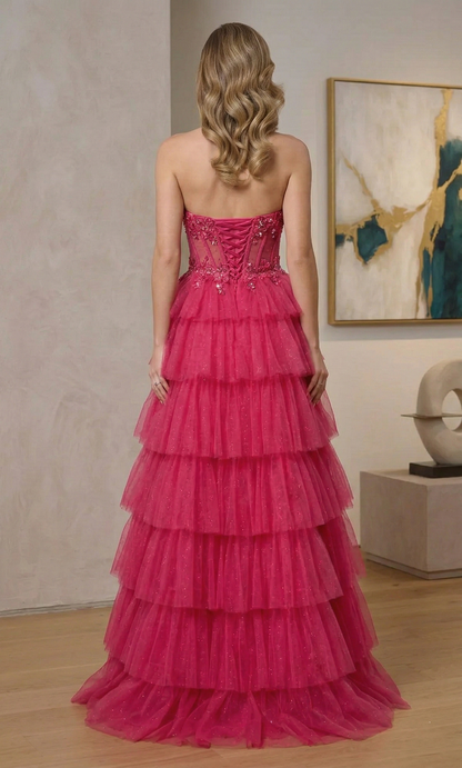 Strapless Beaded Corset Tiered Glitter Tulle A-Line Prom Dress | Sevoba