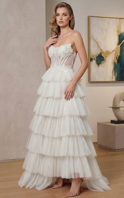Strapless Beaded Corset Tiered Glitter Tulle A-Line Prom Dress | Sevoba