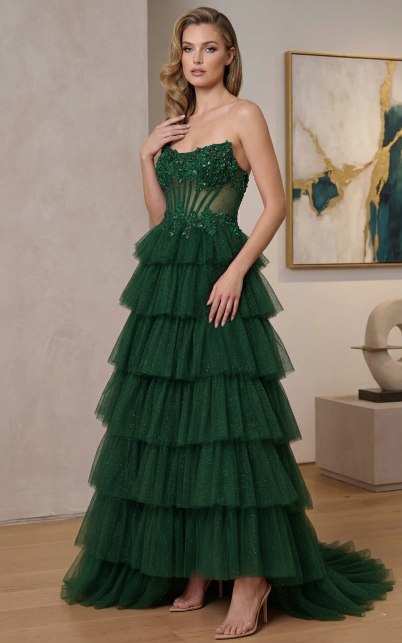 Strapless Beaded Corset Tiered Glitter Tulle A-Line Prom Dress | Sevoba