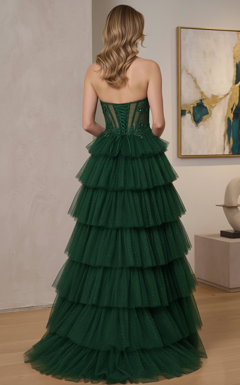 Strapless Beaded Corset Tiered Glitter Tulle A-Line Prom Dress | Sevoba
