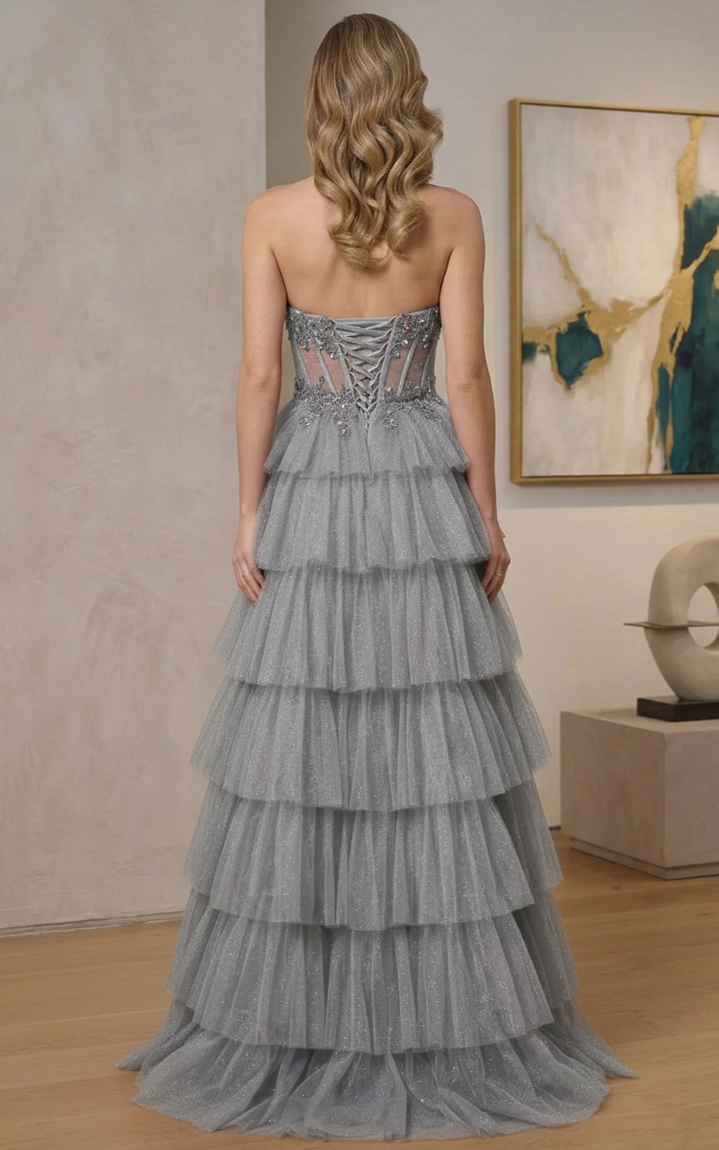 Strapless Beaded Corset Tiered Glitter Tulle A-Line Prom Dress | Sevoba