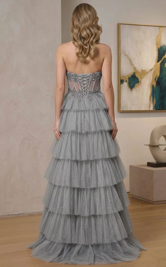Strapless Beaded Corset Tiered Glitter Tulle A-Line Prom Dress | Sevoba