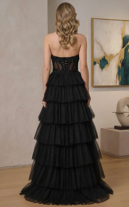 Strapless Beaded Corset Tiered Glitter Tulle A-Line Prom Dress | Sevoba