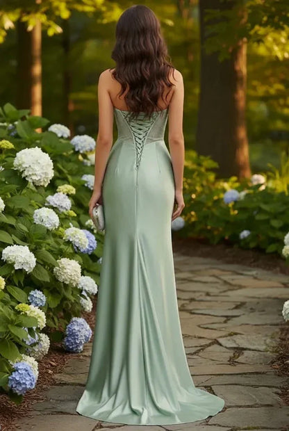 Strapless Beaded Cup Illusion Corset Mermaid Prom Dress with Slit | Sevoba