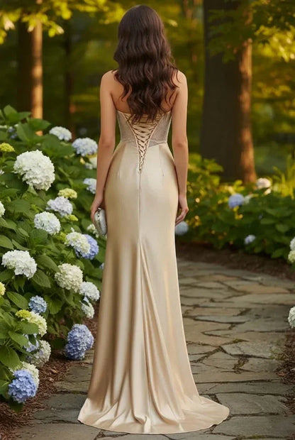 Strapless Beaded Cup Illusion Corset Mermaid Prom Dress with Slit | Sevoba