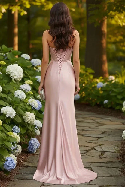 Strapless Beaded Cup Illusion Corset Mermaid Prom Dress with Slit | Sevoba