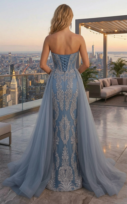 Strapless Beaded Lace Corset Mermaid Prom Dress with Tulle Overskirt | Sevoba
