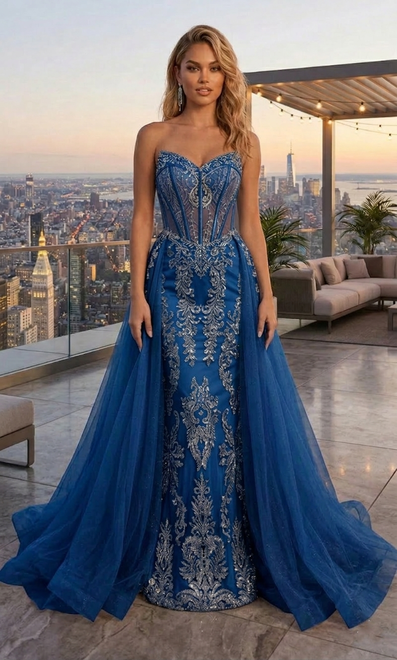 Strapless Beaded Lace Corset Mermaid Prom Dress with Tulle Overskirt | Sevoba