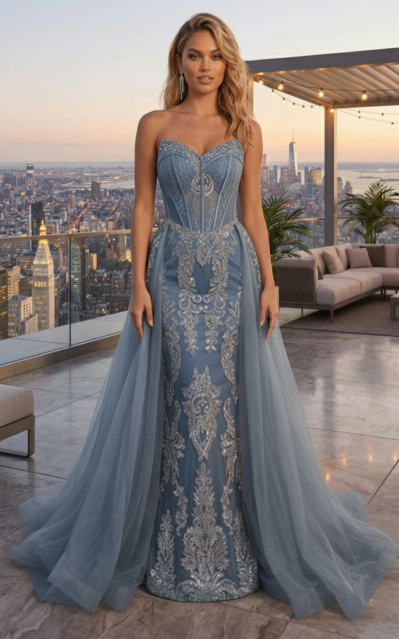 Strapless Beaded Lace Corset Mermaid Prom Dress with Tulle Overskirt | Sevoba