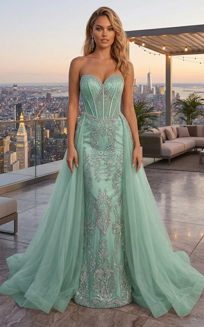 Strapless Beaded Lace Corset Mermaid Prom Dress with Tulle Overskirt | Sevoba