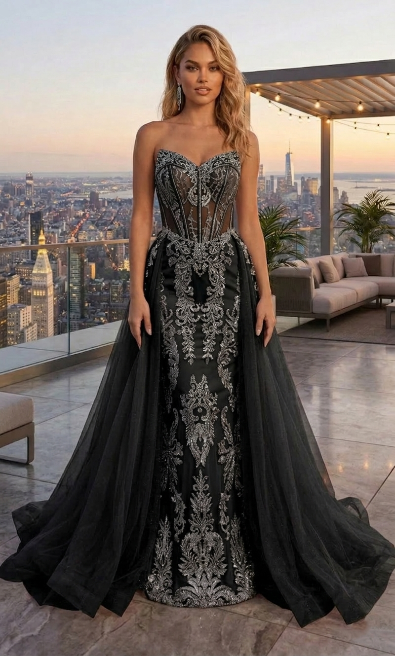 Strapless Beaded Lace Corset Mermaid Prom Dress with Tulle Overskirt | Sevoba
