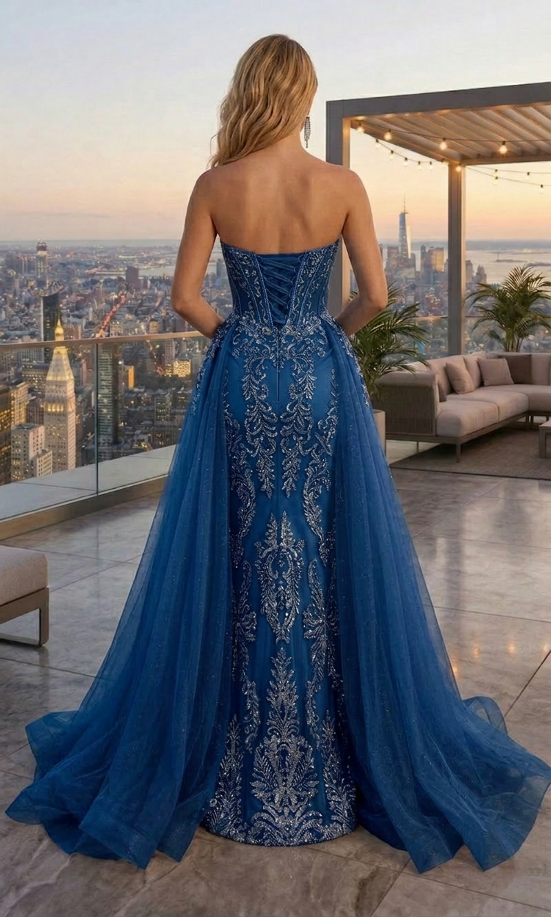 Strapless Beaded Lace Corset Mermaid Prom Dress with Tulle Overskirt | Sevoba