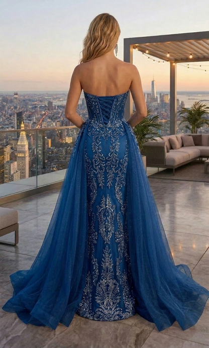 Strapless Beaded Lace Corset Mermaid Prom Dress with Tulle Overskirt | Sevoba