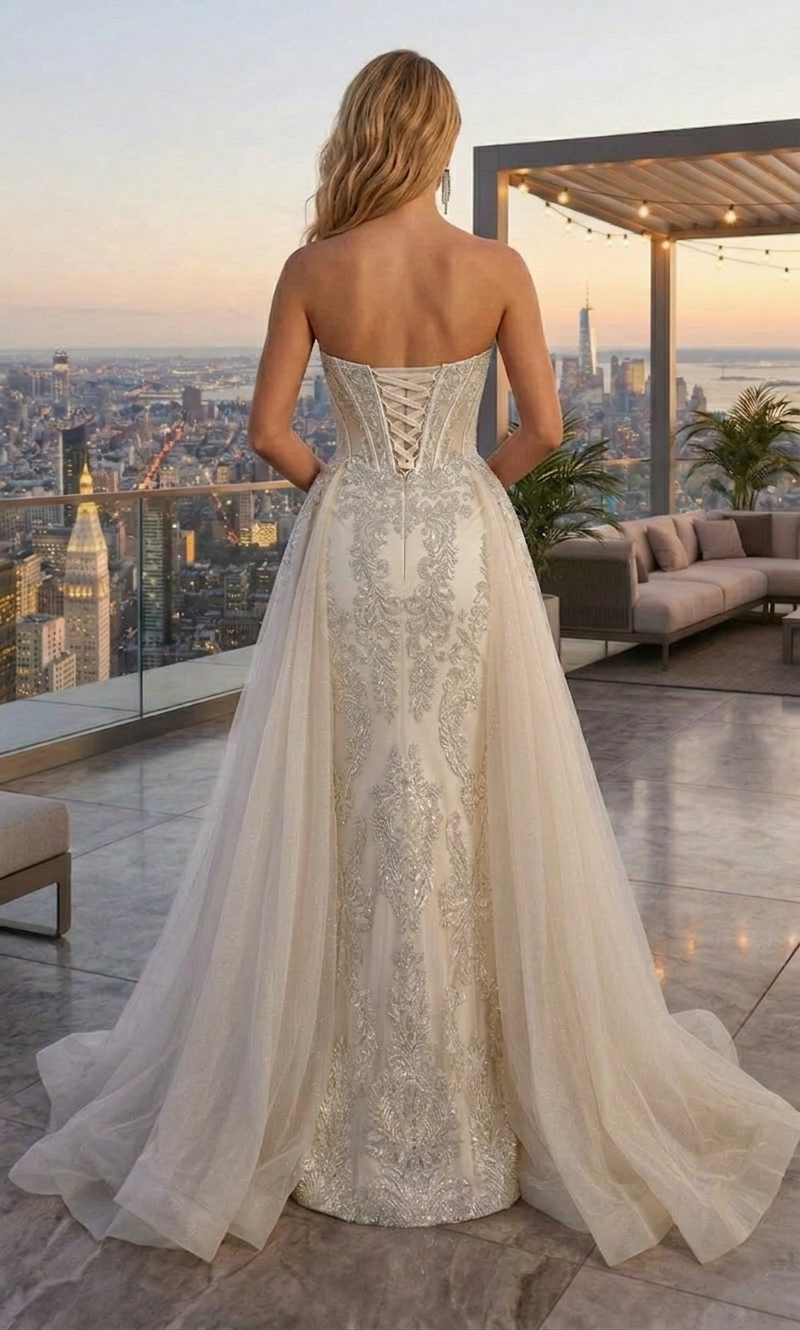 Strapless Beaded Lace Corset Mermaid Prom Dress with Tulle Overskirt | Sevoba