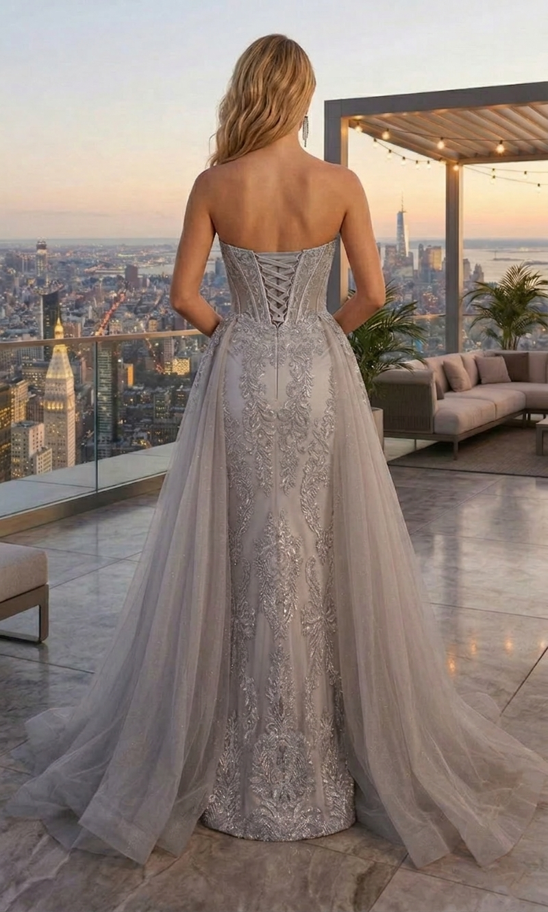 Strapless Beaded Lace Corset Mermaid Prom Dress with Tulle Overskirt | Sevoba