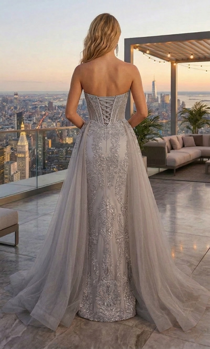 Strapless Beaded Lace Corset Mermaid Prom Dress with Tulle Overskirt | Sevoba