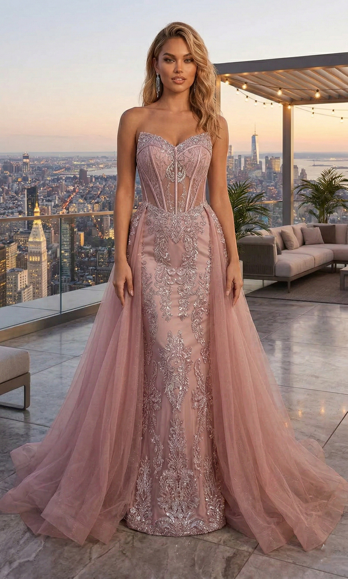 Strapless Beaded Lace Corset Mermaid Prom Dress with Tulle Overskirt | Sevoba