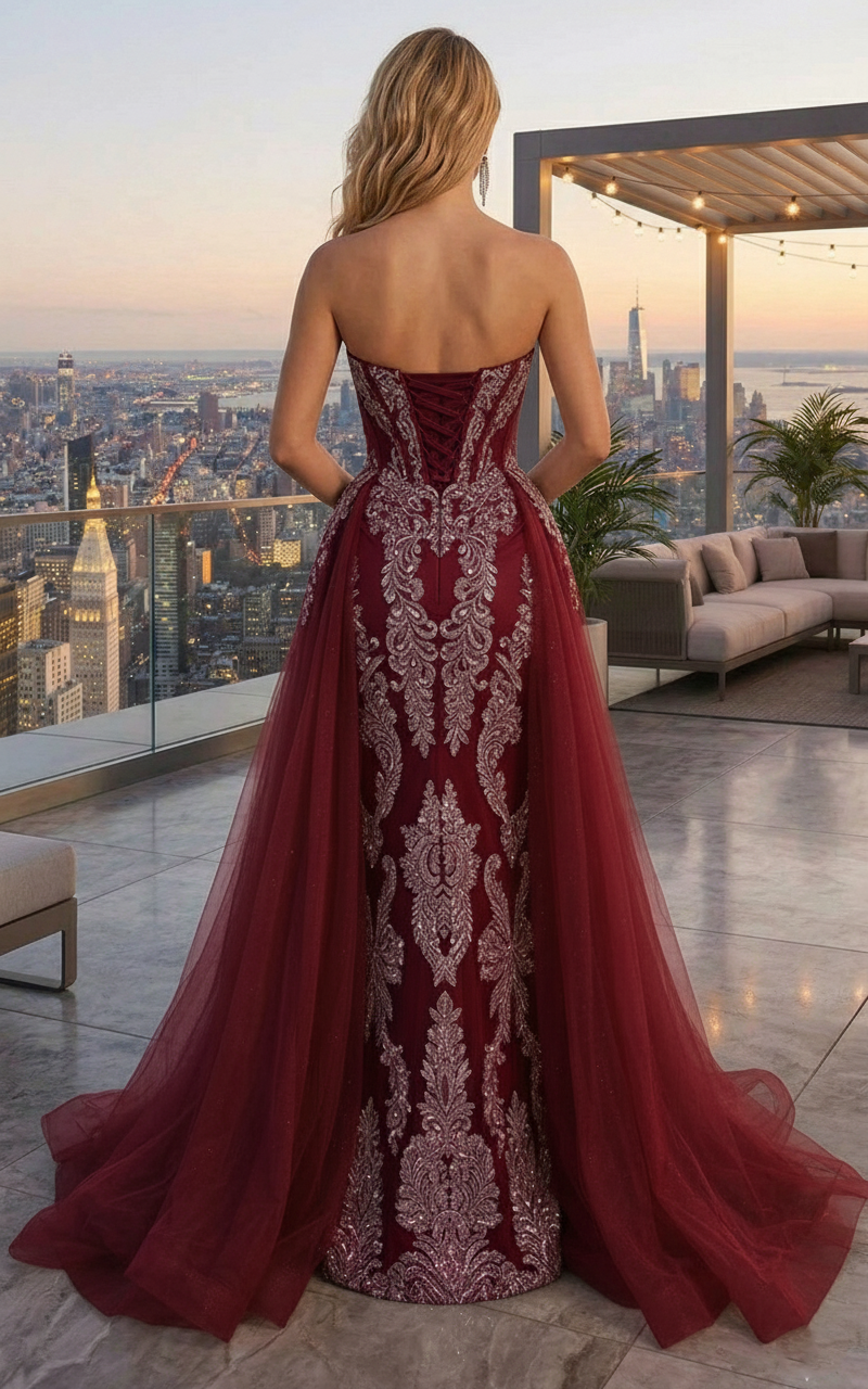 Strapless Beaded Lace Corset Mermaid Prom Dress with Tulle Overskirt | Sevoba