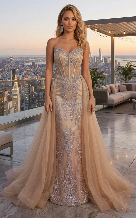 Strapless Beaded Lace Corset Mermaid Prom Dress with Tulle Overskirt | Sevoba