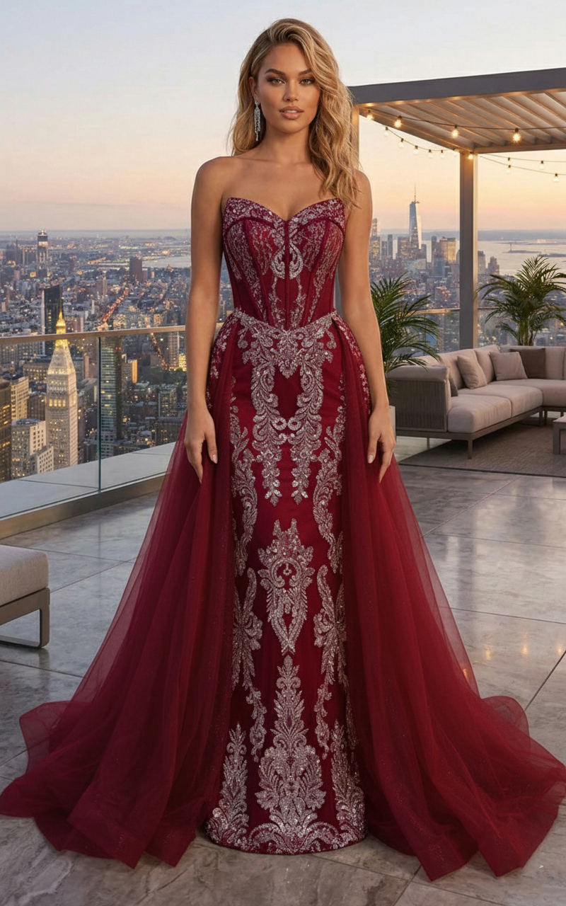 Strapless Beaded Lace Corset Mermaid Prom Dress with Tulle Overskirt | Sevoba