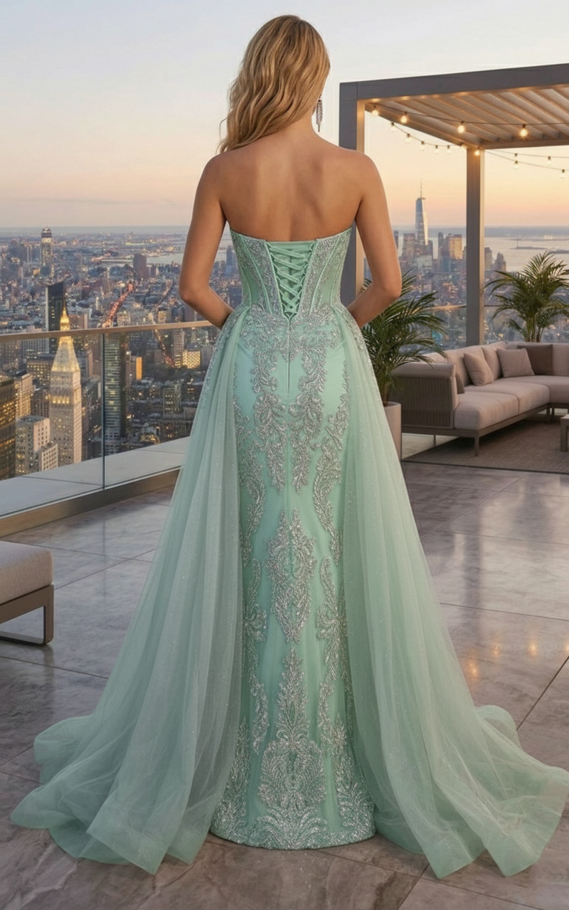 Strapless Beaded Lace Corset Mermaid Prom Dress with Tulle Overskirt | Sevoba