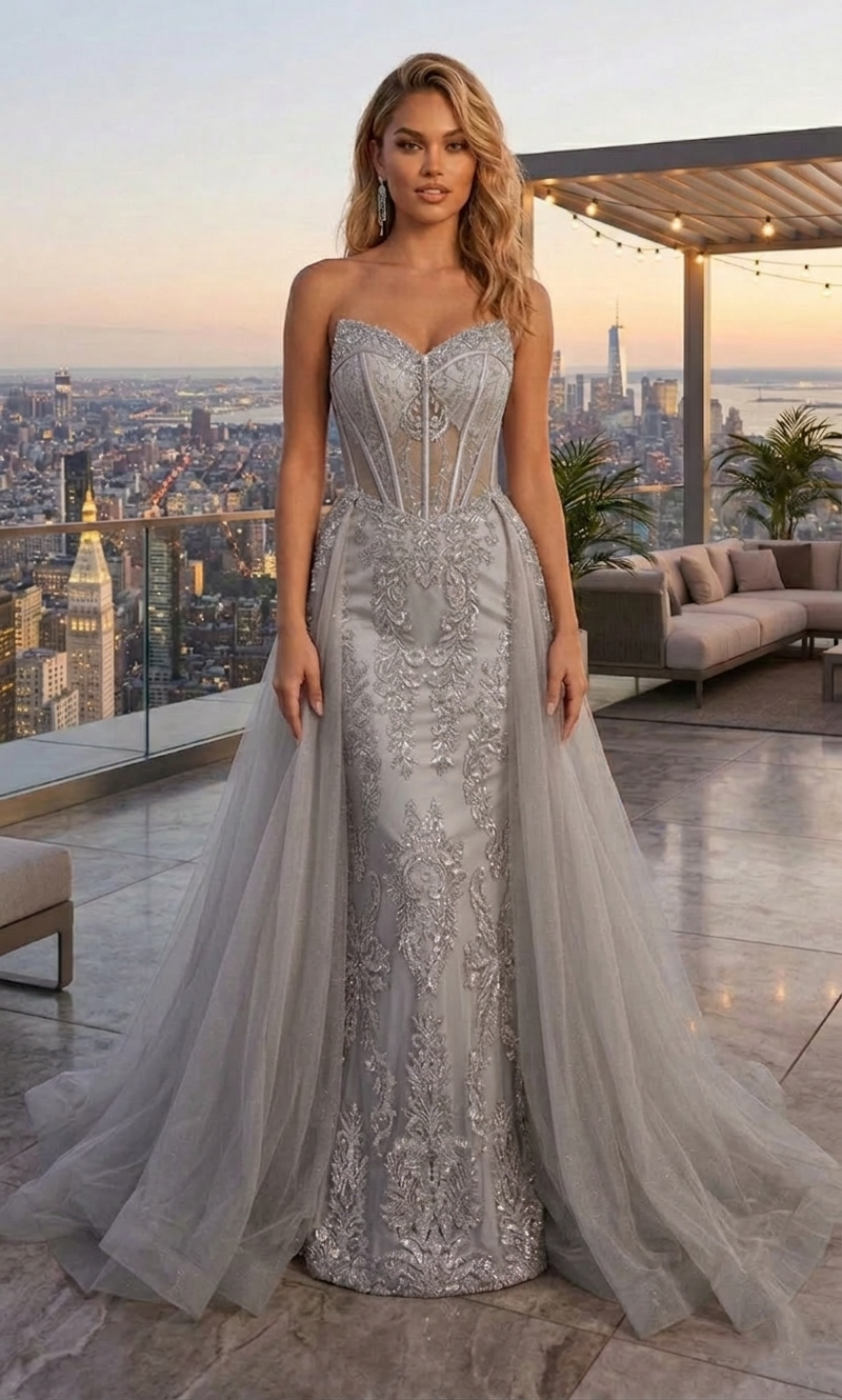 Strapless Beaded Lace Corset Mermaid Prom Dress with Tulle Overskirt | Sevoba